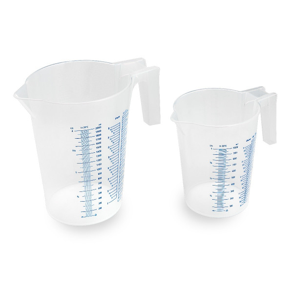 Measuring jug, stackable, open handle, blue measuring scale